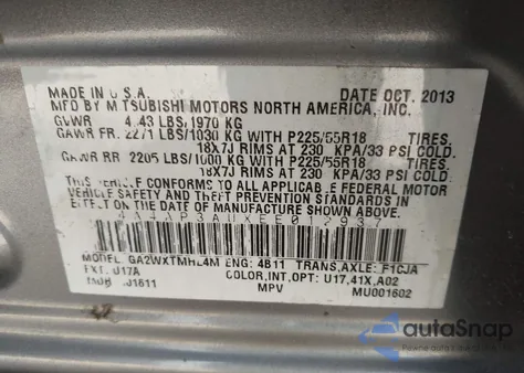 2014 Mitsubishi Outlander Sport Es из США, поврежденный, VIN 4A4AP3AUXEE012937